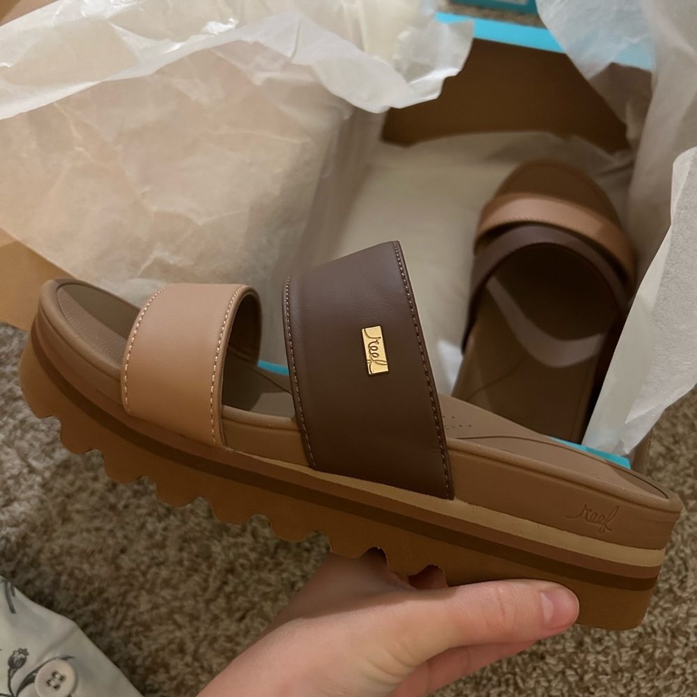 Reef Brown and Tan Platform Slide Sandals